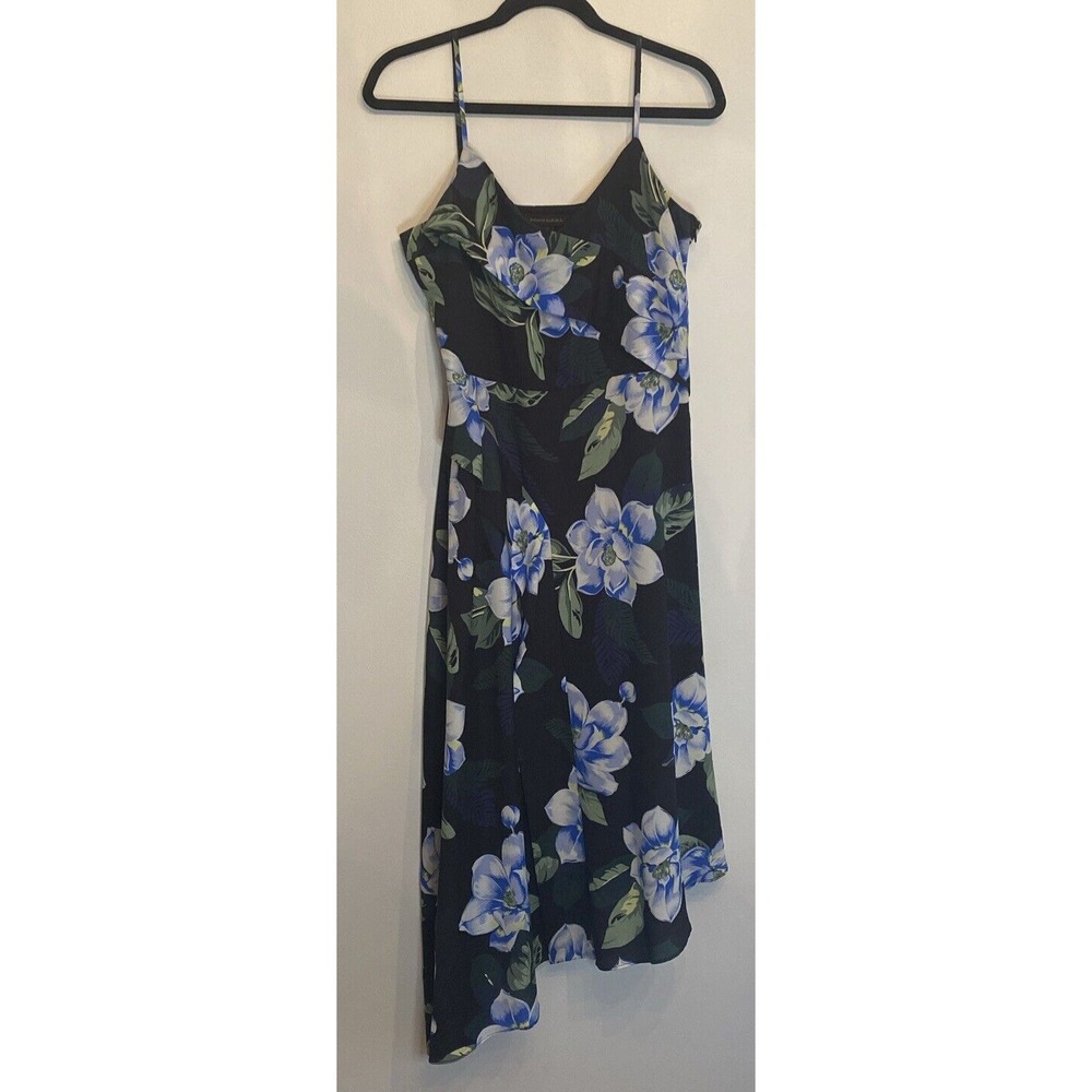 Banana Republic Size 8 TALL Chiffon Black Strappy Blue Floral Asymmetrical Dress